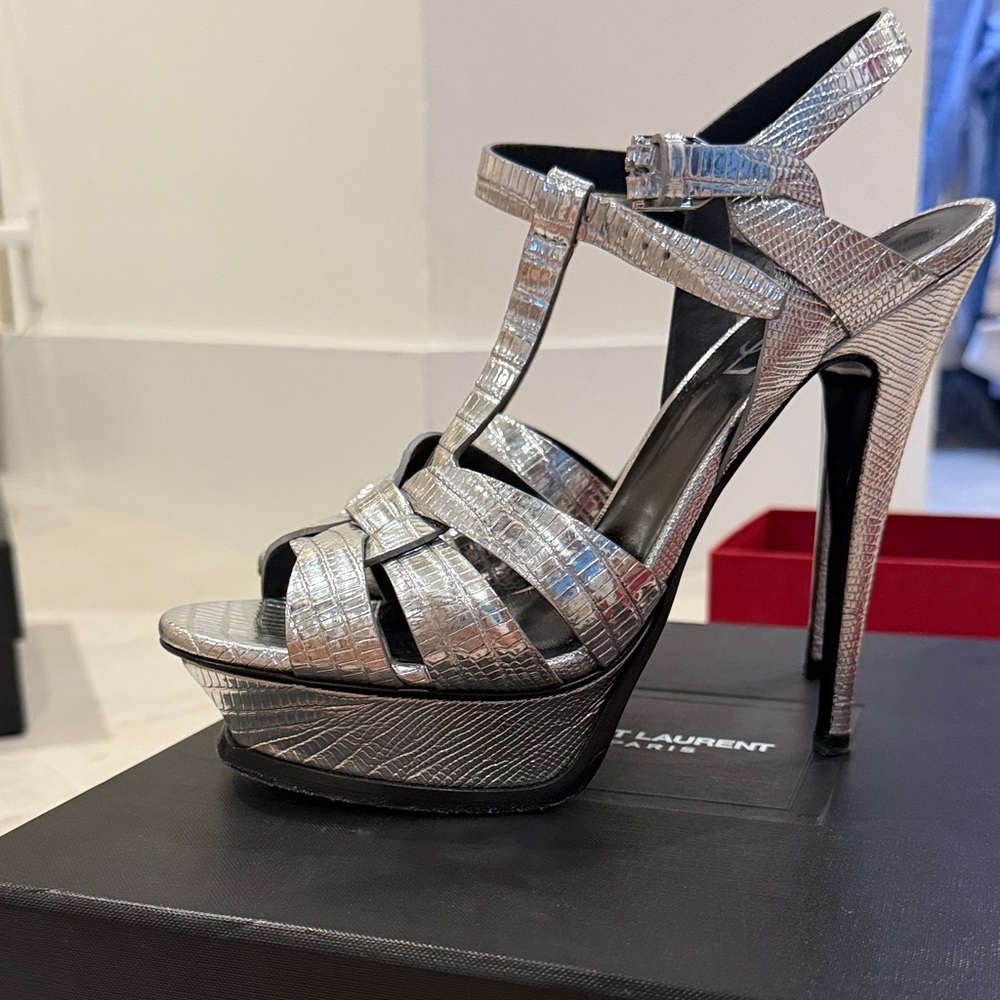 Saint Laurent Silver Strappy Platform Heels - Picture 3 of 3